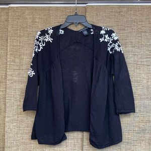Marina Luna ribbon embroidered black open cardigan sweater